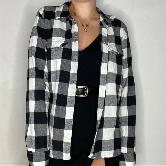 Sundry Black and White Plaid Flannel Button Down Shirt - Picture 1 of 5